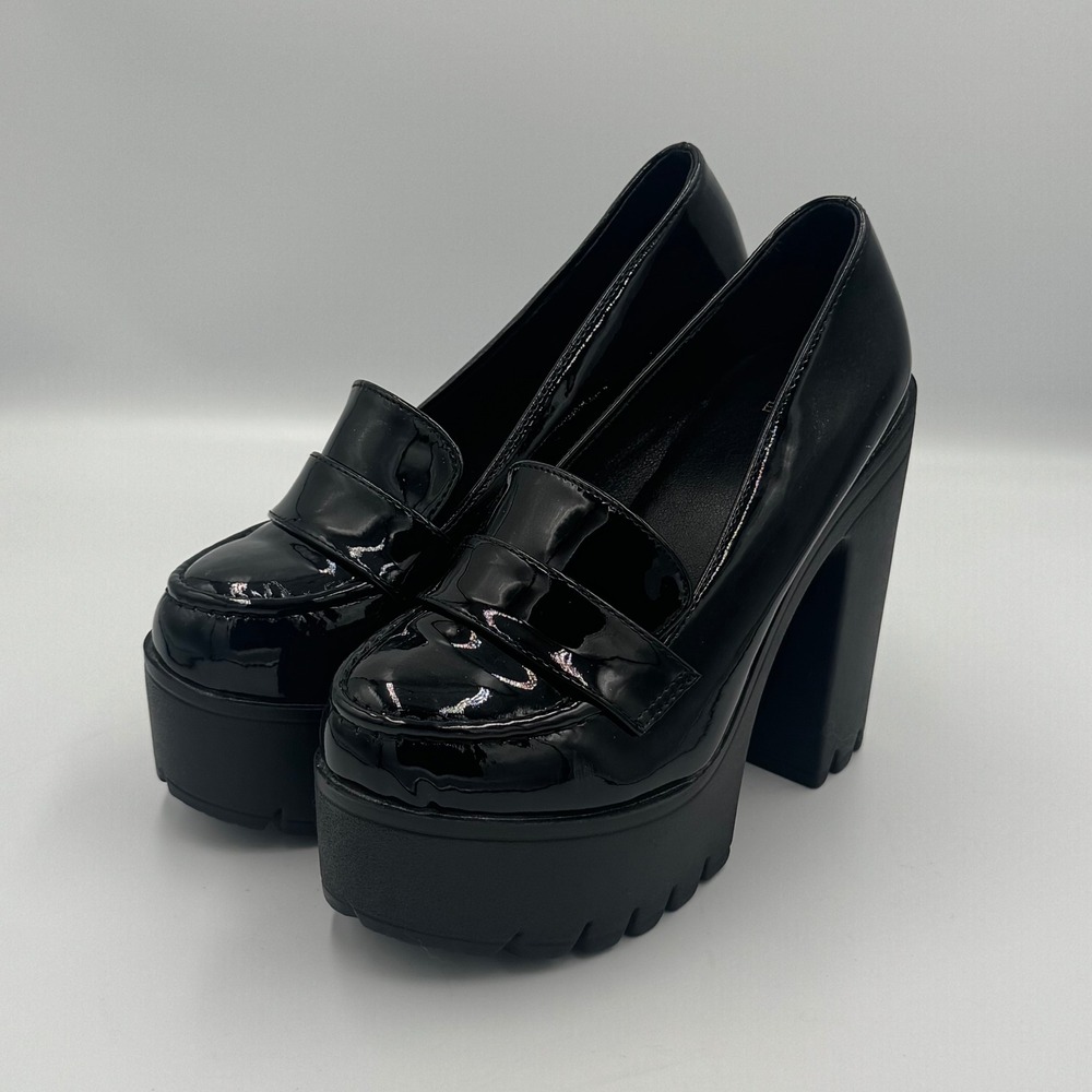 Black Patent Platform Block Heel Loafers Size 6 NO BOX